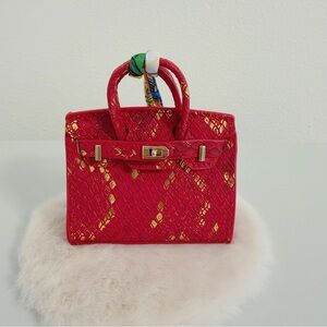 Snake Embossed Mini Handbag Charm – Metallic Finish - Red & Gold